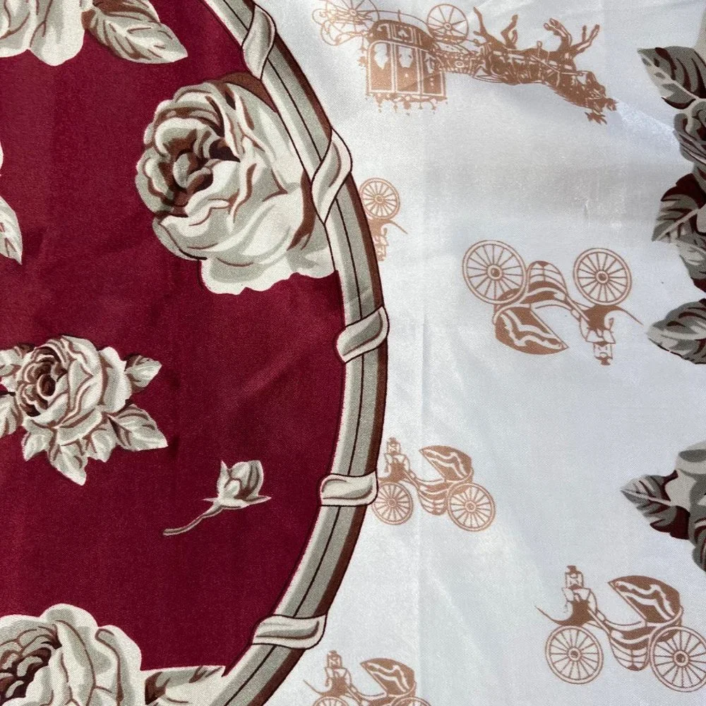 NEW Burgundy Red Ivory Roses and Carriages Printed Square Silky Scarf Wrap